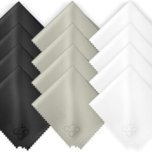 Microfiber Cleaning Cloth 12-Pack Individualy Packed (6"x 7") Glasses Cleaning Cloths for Eyeglasses Phone Computer Screen Laptop Camera Lenses (4 Black, 4 Grey, 4 White)